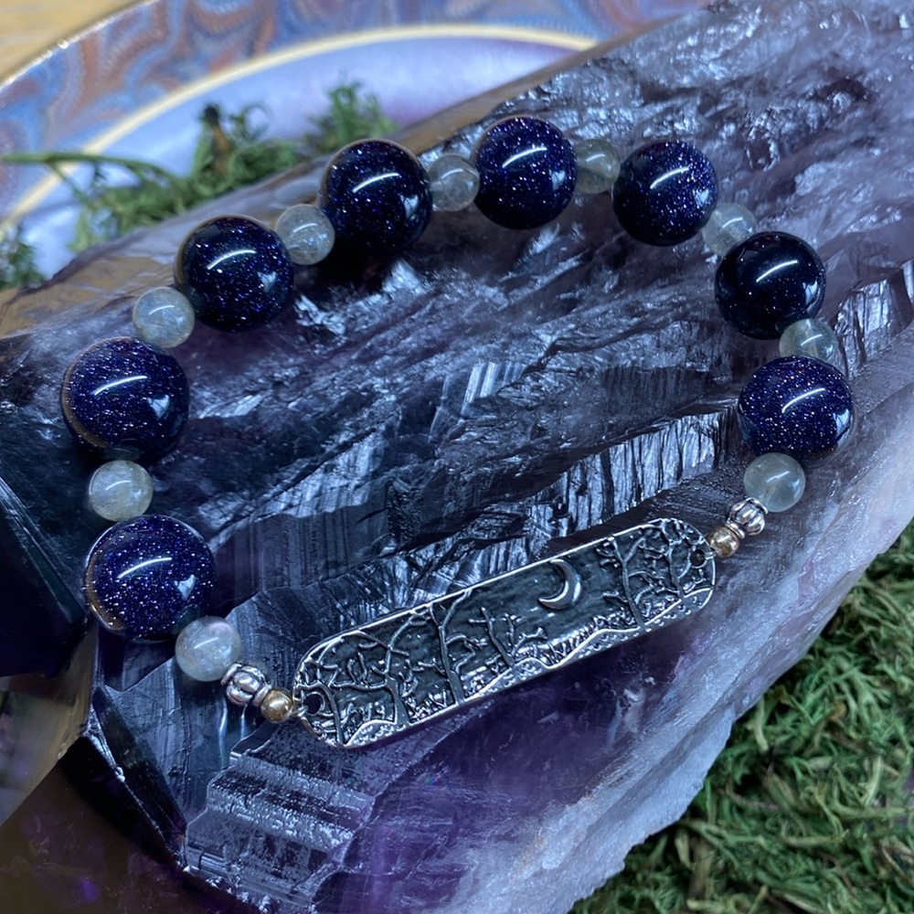 M28 Blue Night Starry Sky Goldstone Bead with Labradorite Bead Bracelet Sterling